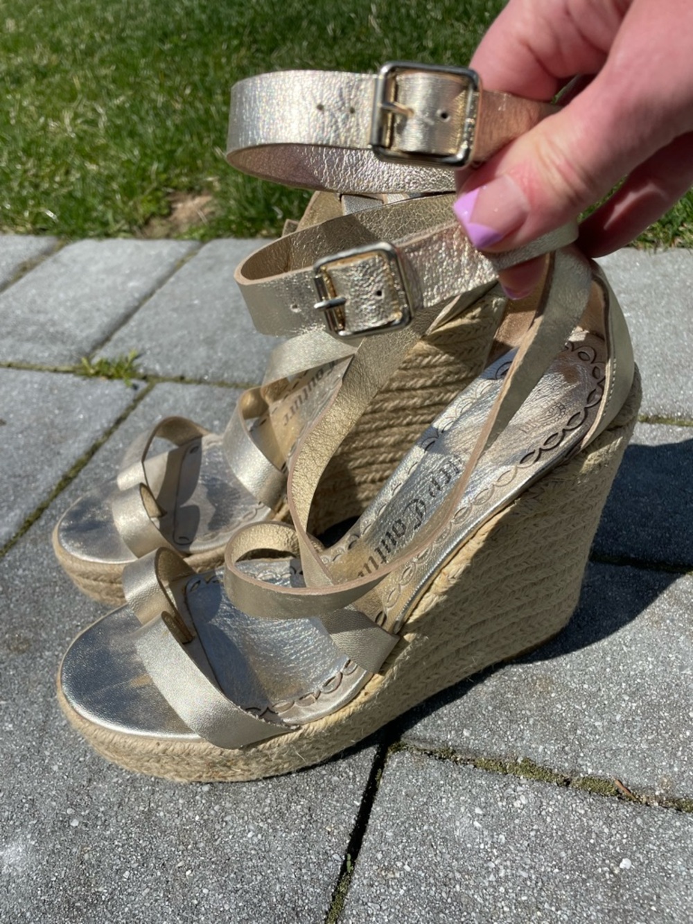Women’s Juicy Couture Metallic Gold Wedge Sandals with Ankle Straps